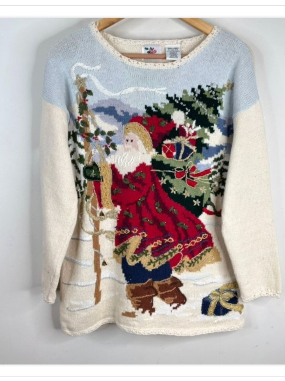 VTG 90s Nutcracker Christmas Sweater S Embroidered Cream Granny Cottage Santa